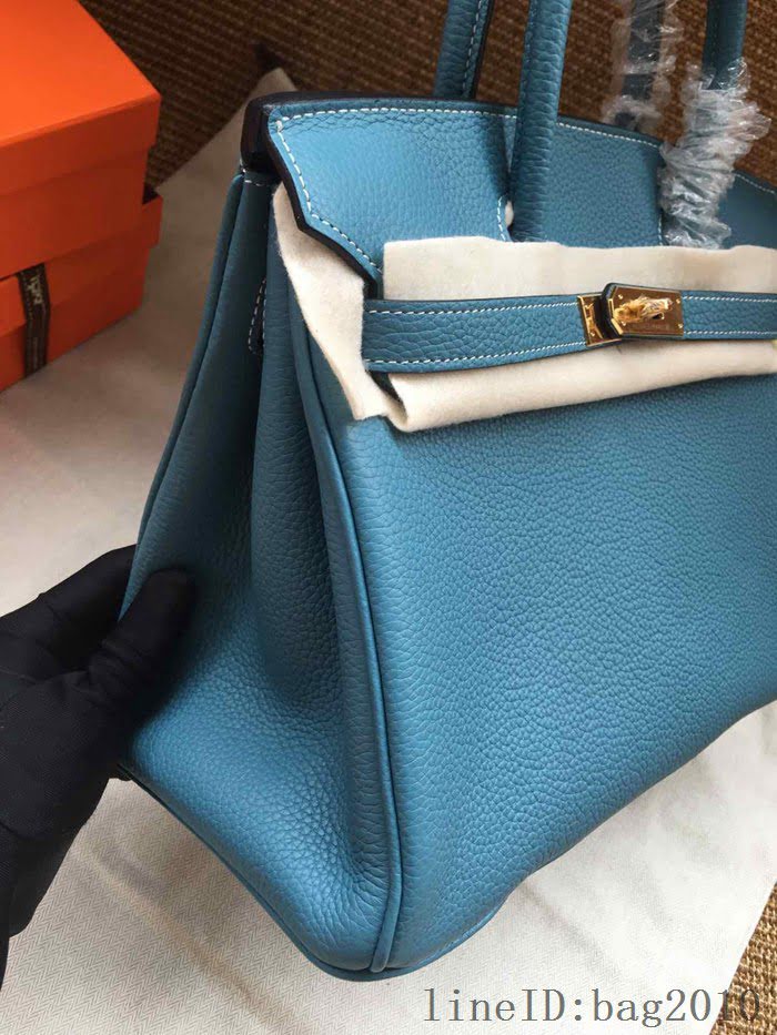 愛馬仕HERMES Birkin 鉑金包 牛仔藍 進口小牛皮 金銀扣 皮質細膩柔軟 時尚女手提包  tdher1130